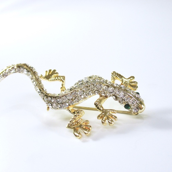 Pave Rhinestone Lizard Pin, Gecko, Gold Tone - Picture 4 of 6